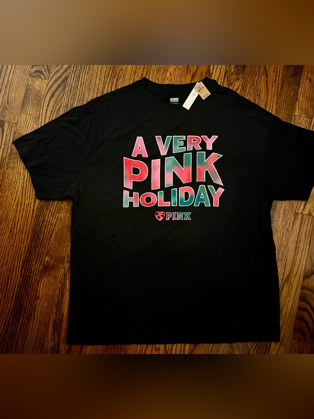 PINK Victoria's Secret Black Graphic Tee with Pink and Green Holiday Print